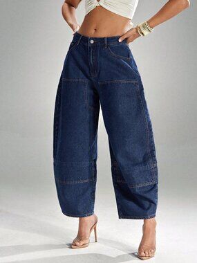 Dark Wash Casual Women's Washed Flared Leg Baggy Jeans